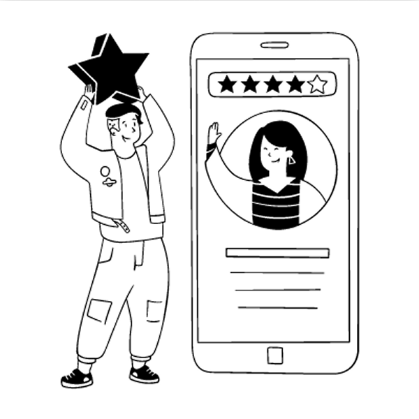 Ilustração de um homem segurando uma estrela que falta para completar a avaliação de 5 estrelas de um aplicativo